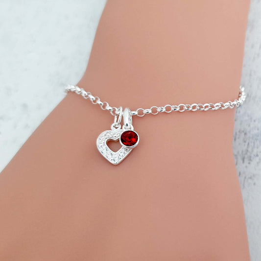 Mum CZ Heart Bracelet with Birthstone in Sterling Silver 925, Personalised Jewellery Gift