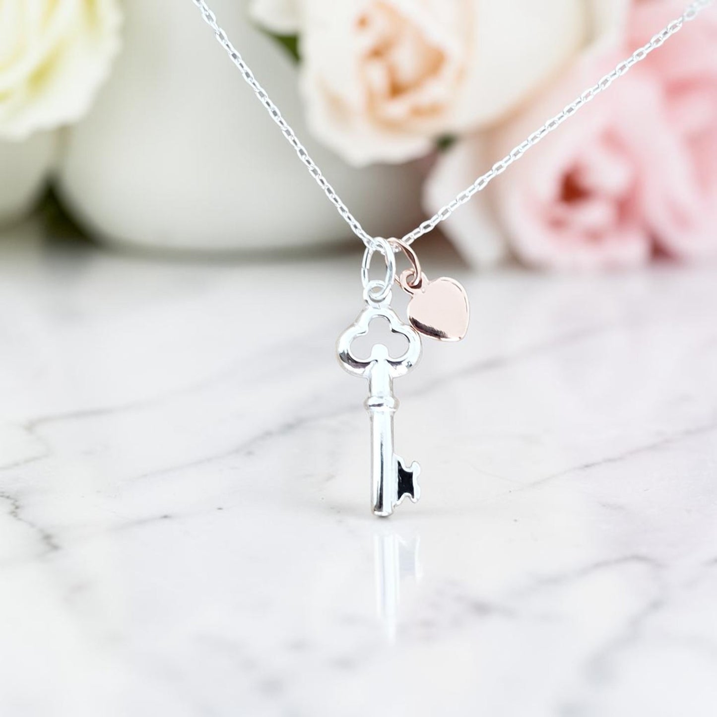 21st Birthday Key Necklace with Rose Gold Heart in Sterling Silver 925, Personalised Jewellery Gift