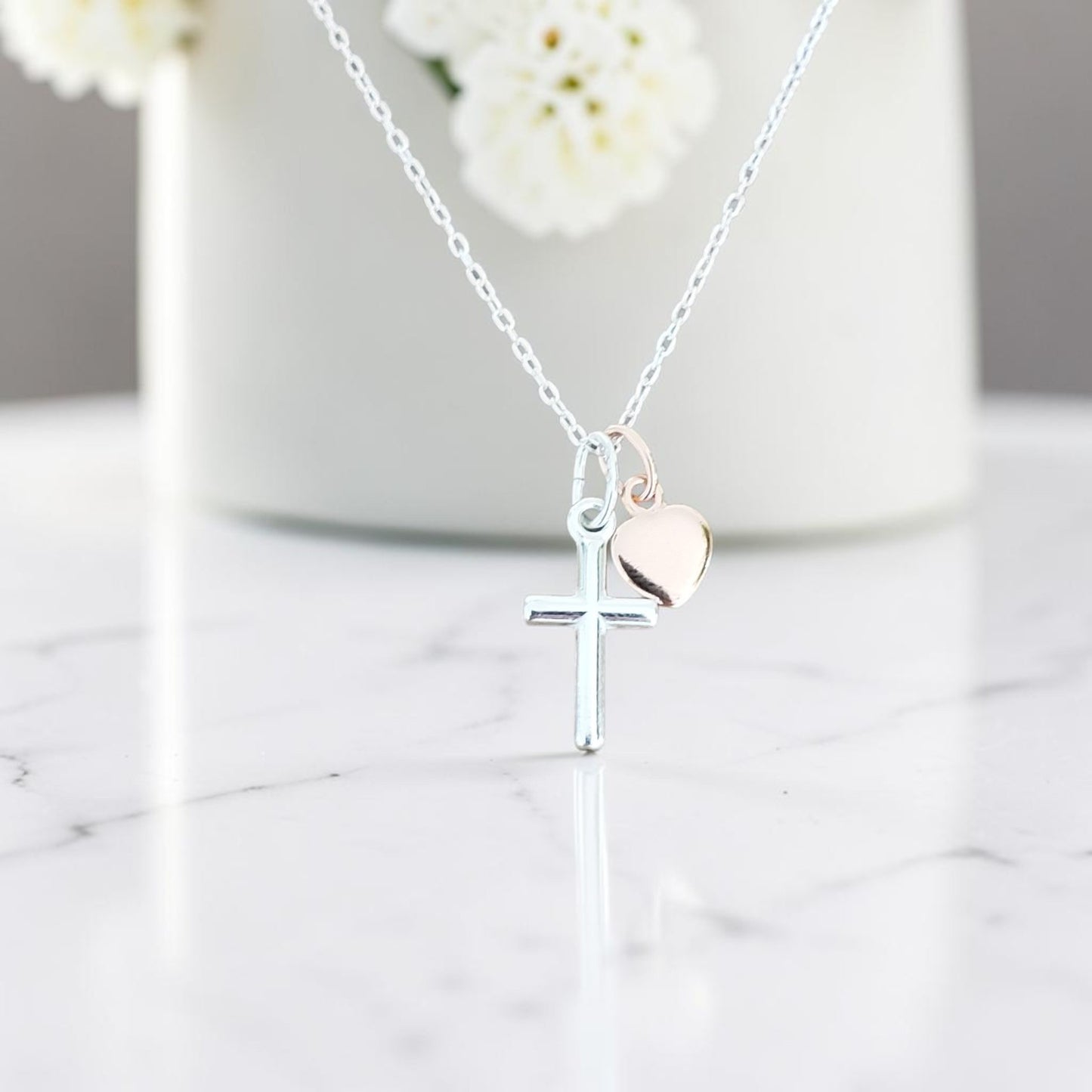 Christening Cross Necklace with Rose Gold Heart, Personalised Jewellery Gift