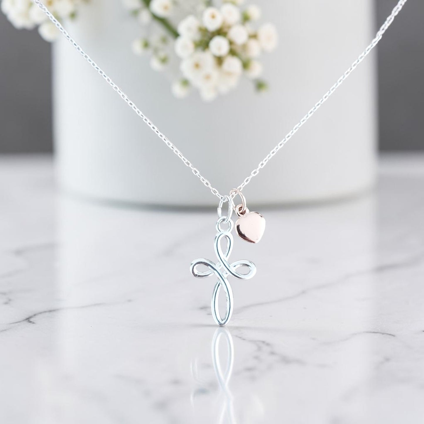 Christening Eternity Cross Necklace with Rose Gold Heart | Personalised Jewellery Gift