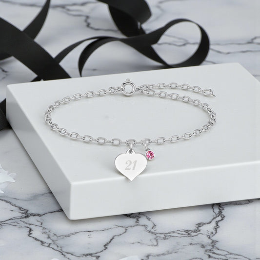 Personalised Birthday Birthstone Bracelet | Sterling Silver 925 | Engraved Name, Date or Age Gift