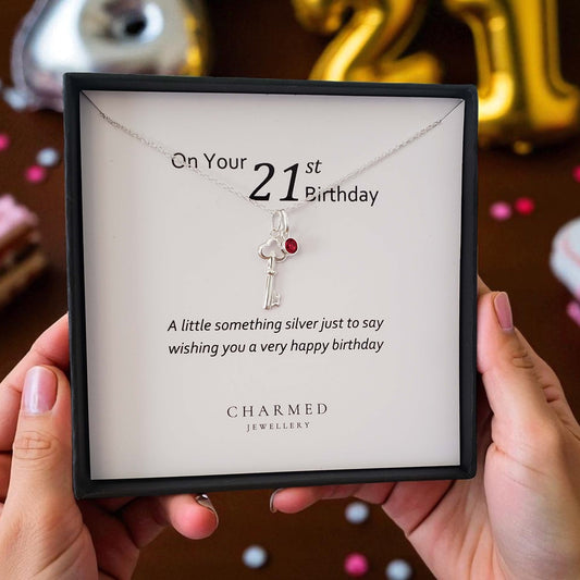 21st Birthday Key Necklace with Birthstone  in Sterling Silver 925, Personalised Jewellery Gift