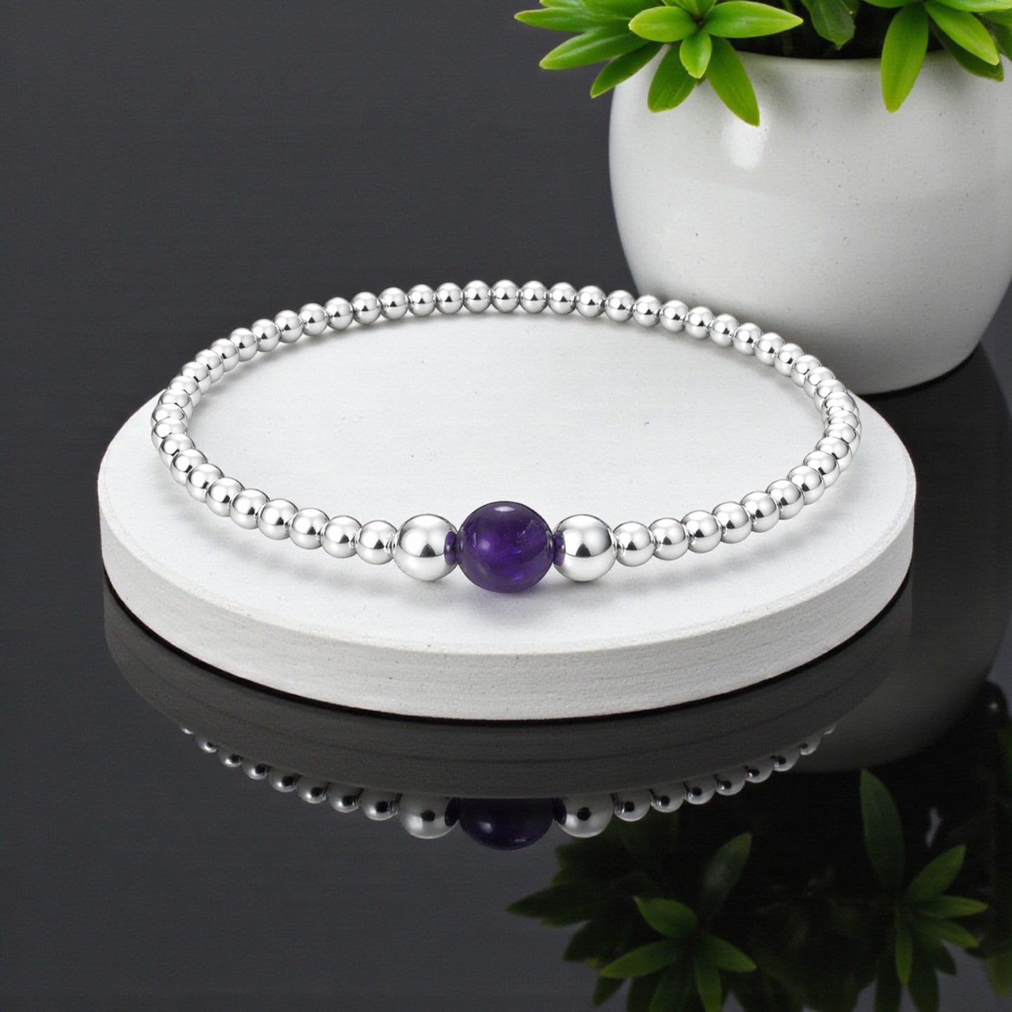 Genuine Amethyst Stretch Bracelet | February Birthstone | 4mm Beads in Sterling Silver 925
