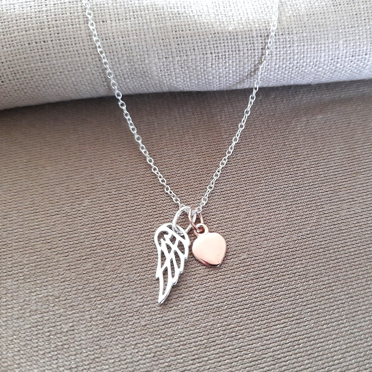 Angel Wing Necklace with Rose Gold Heart in Sterling Silver 925 | Personalised Jewellery