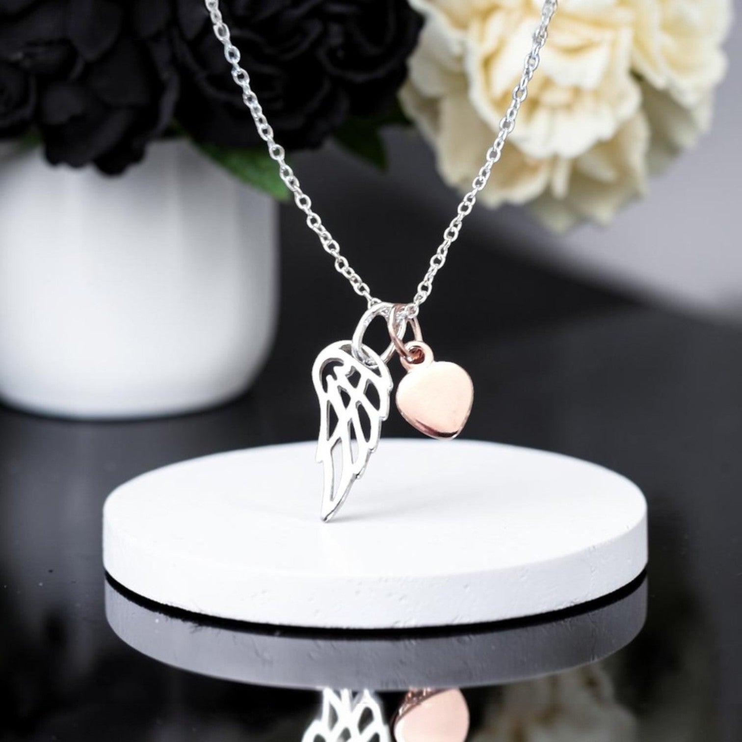 Godmother Gift | Angel Wing Necklace with Rose Gold Heart in Sterling Silver 925 | Personalised Jewellery