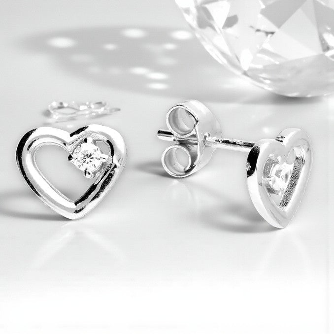 CZ Heart Stud Earrings in Sterling Silver 925 | Personalised Jewellery Gift