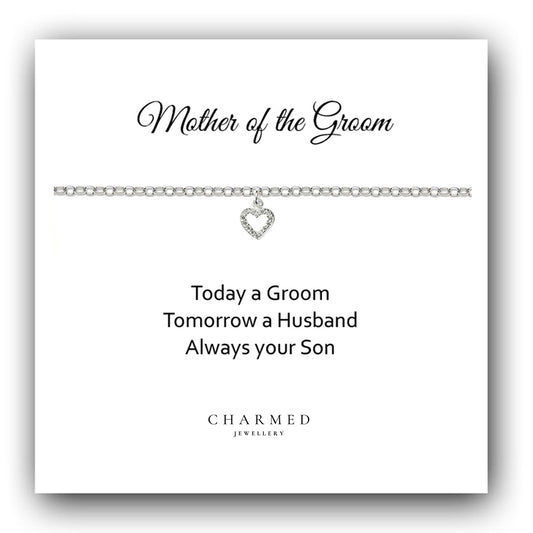 Mother of the Groom Heart Bracelet with Cubic Zirconia in Sterling Silver 925, Personalised Jewellery Gift