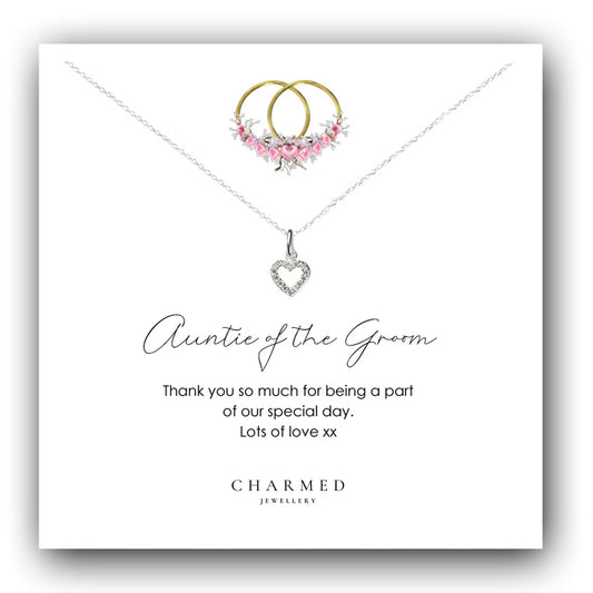 Auntie of the Groom Gift, Heart Necklace with Cubic Zirconia in Sterling Silver 925, Personalised Gift