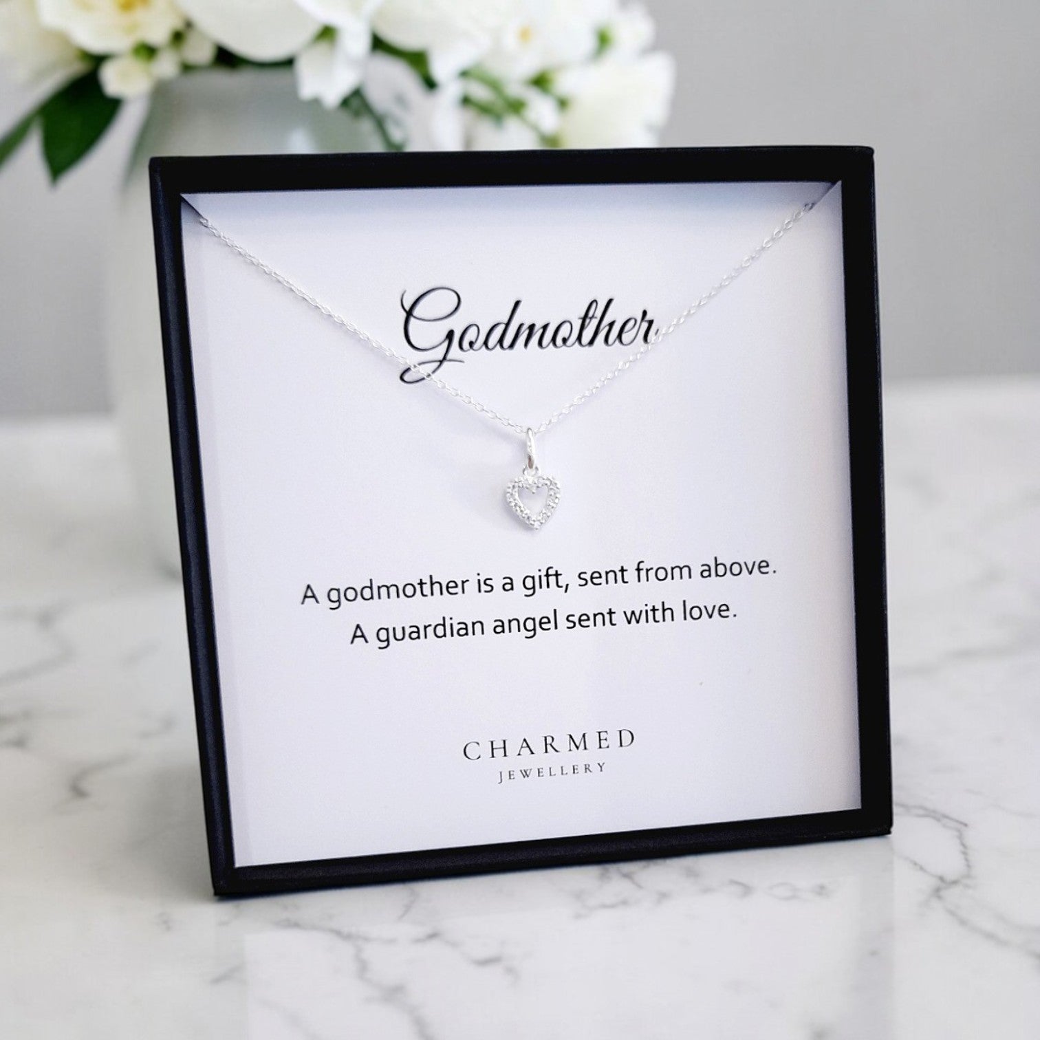Godmother Heart Necklace with Cubic Zirconia in Sterling Silver 925 | Personalised Jewellery Gift