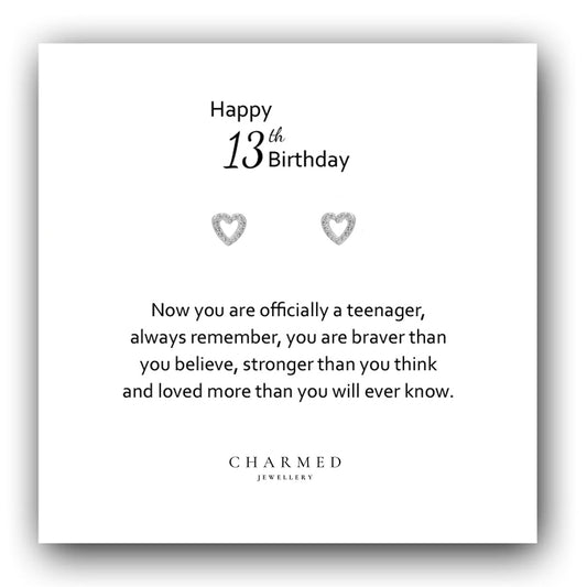 13th Birthday Gift, CZ Open Heart Stud Earrings Sterling Silver 925, Personalised Jewellery Gift