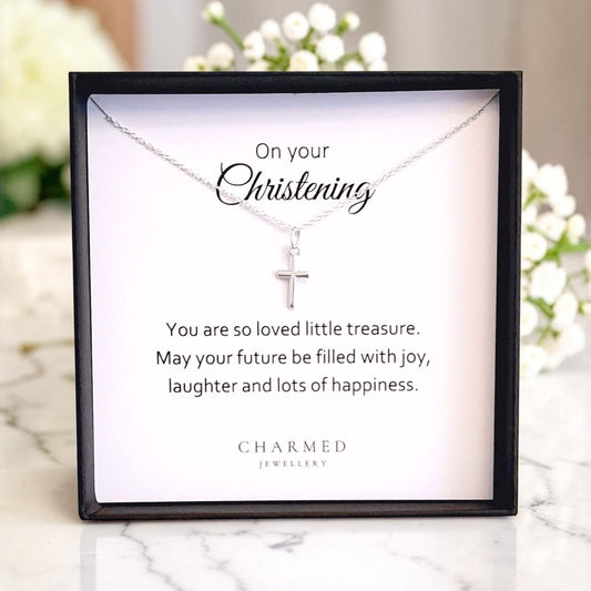 Christening Gift | Cross Necklace in Sterling Silver 925 | Personalised Message Card Jewellery