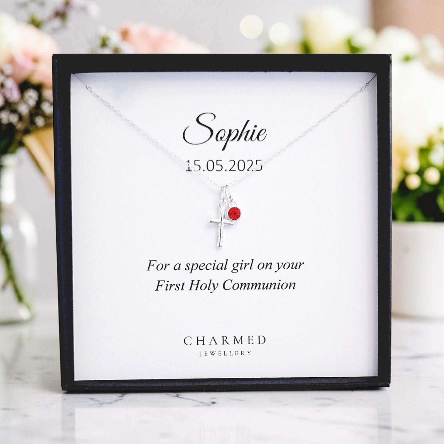 First Holy Communion Gift | Cross Birthstone Necklace Sterling Silver 925 | Message Card Jewellery