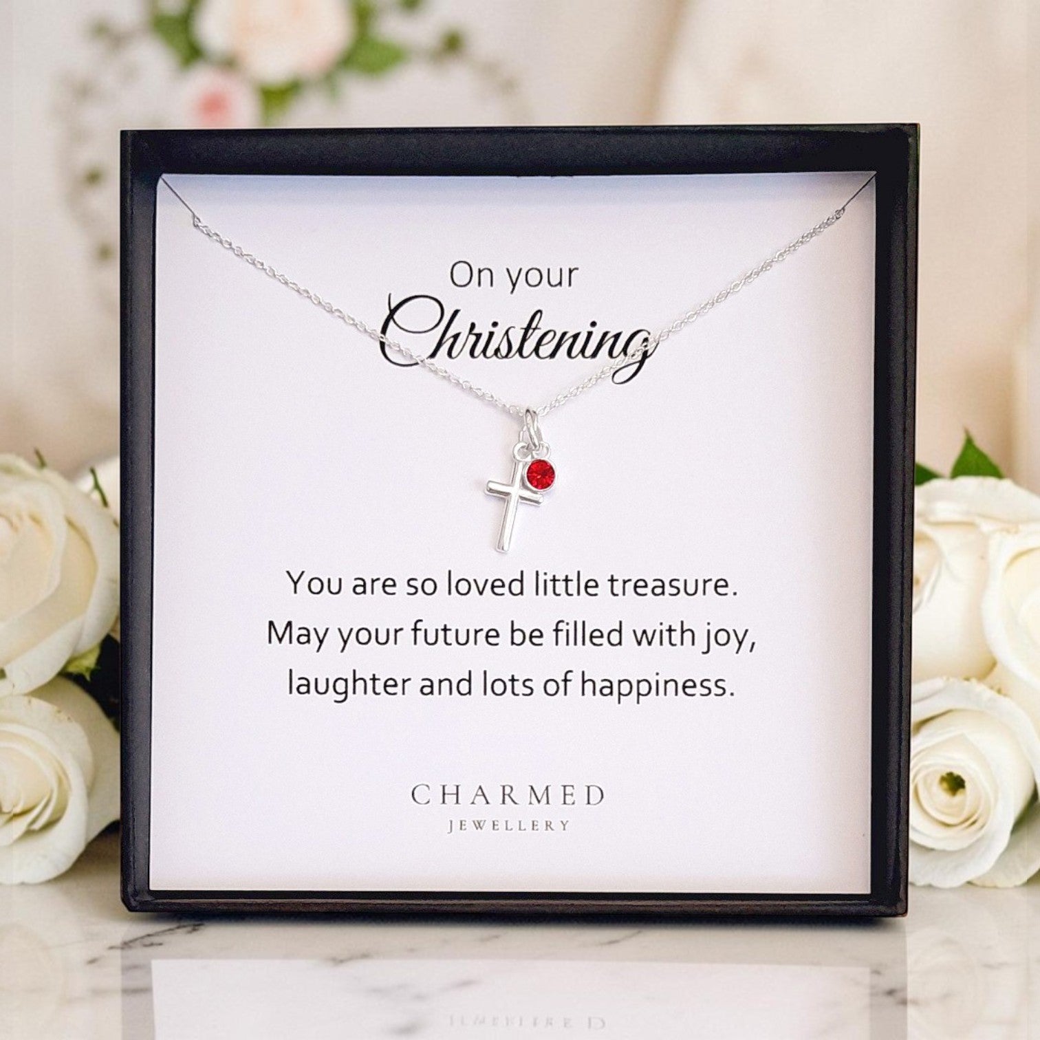Christening Gift | Cross Necklace with Birthstone Silver 925 | Personalised Message Card Jewellery