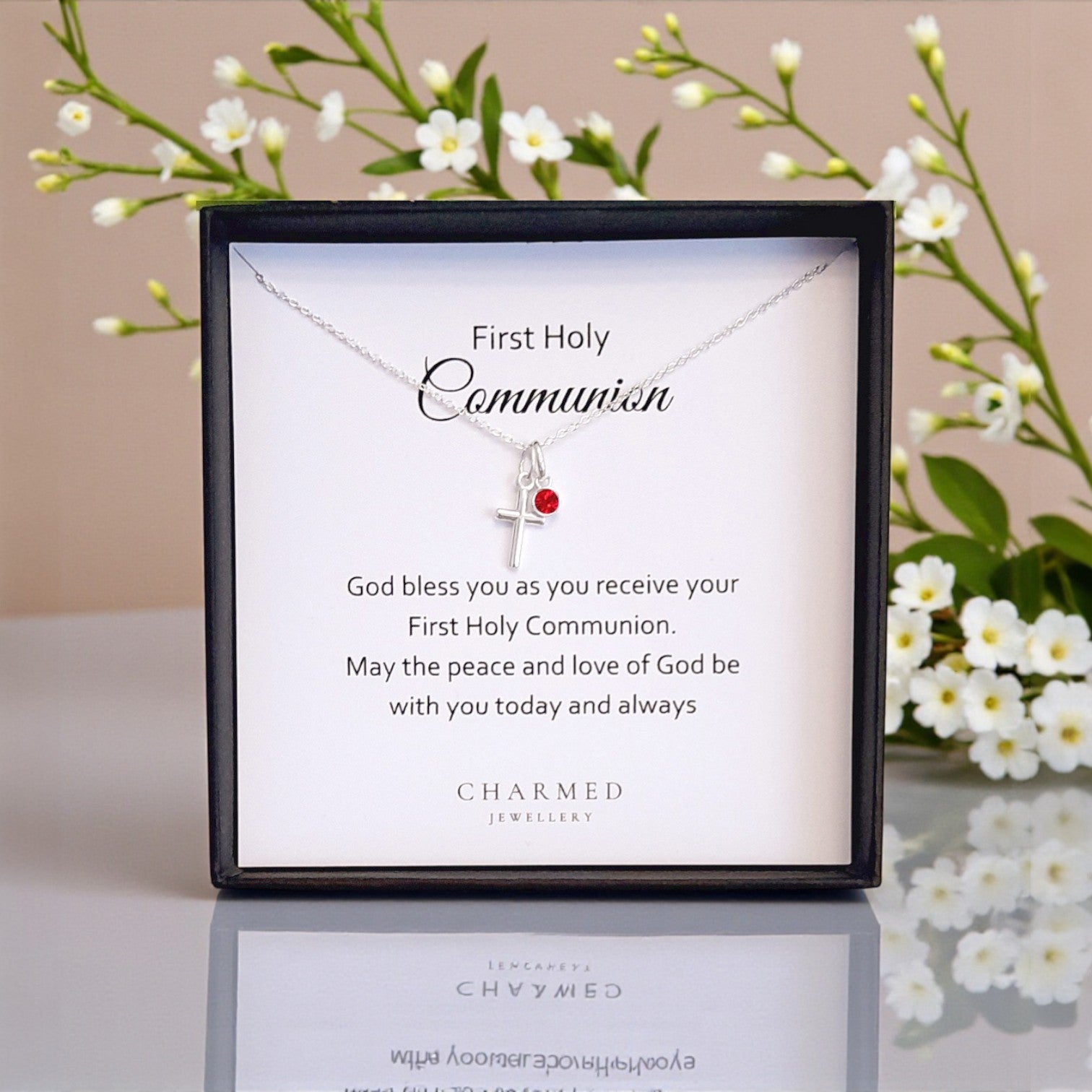 First Holy Communion Gift | Cross Necklace with Birthstone 925 Sterling Silver | Personalised Jewellery Gift