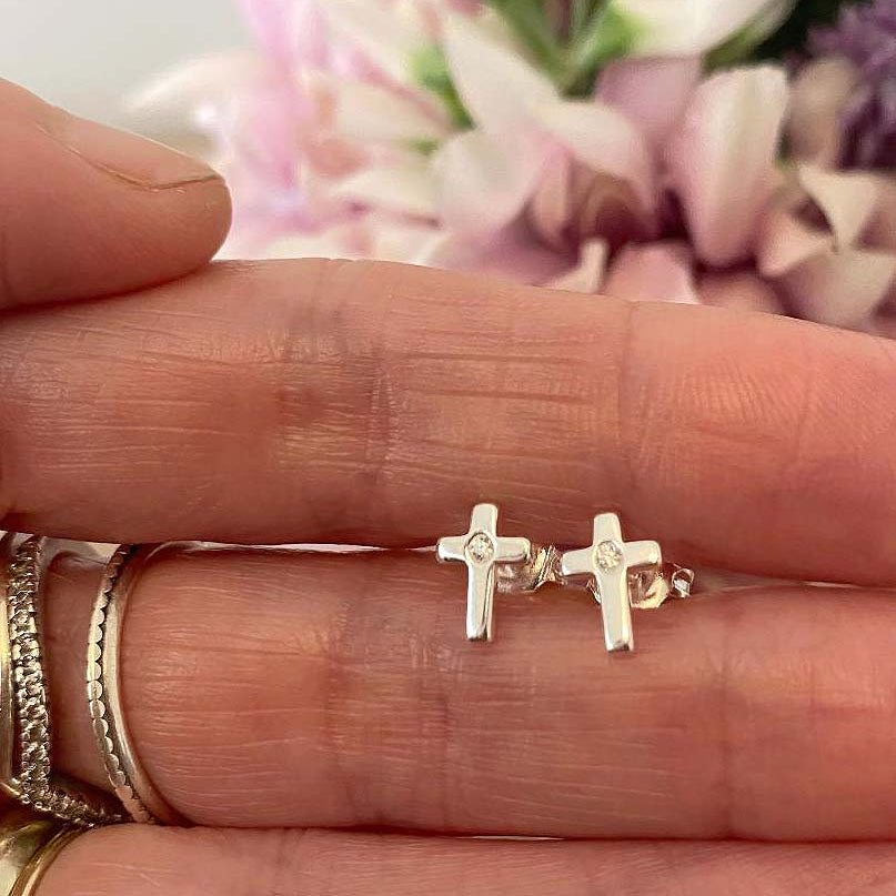First Holy Communion Gift, CZ Cross Earrings in Sterling Silver 925, Personalised Jewellery Gift