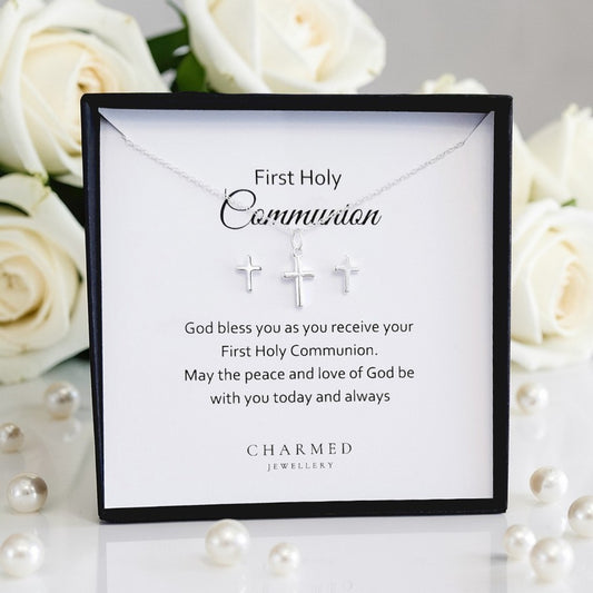 First Holy Communion Gift | Silver Cross Necklace & Earrings Set | Personalised Jewellery Gift