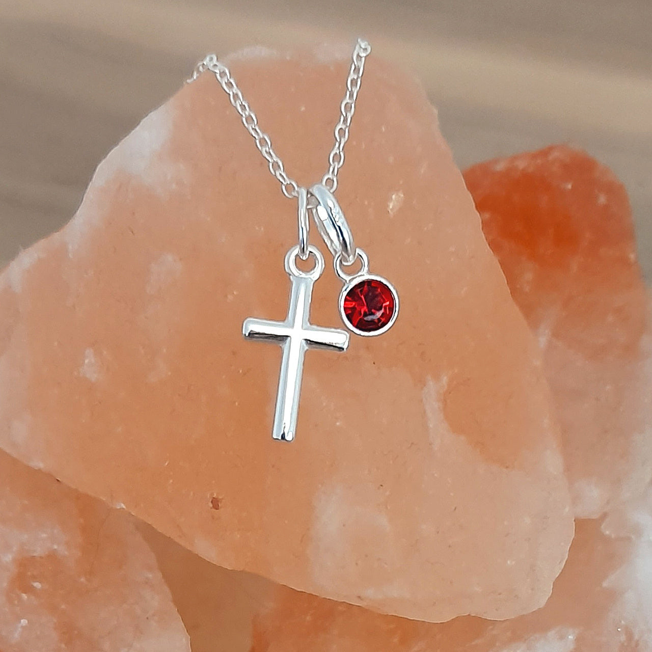 Godmother Gift, Cross Necklace with Birthstone in Sterling Silver 925 | Personalised Jewellery Gift