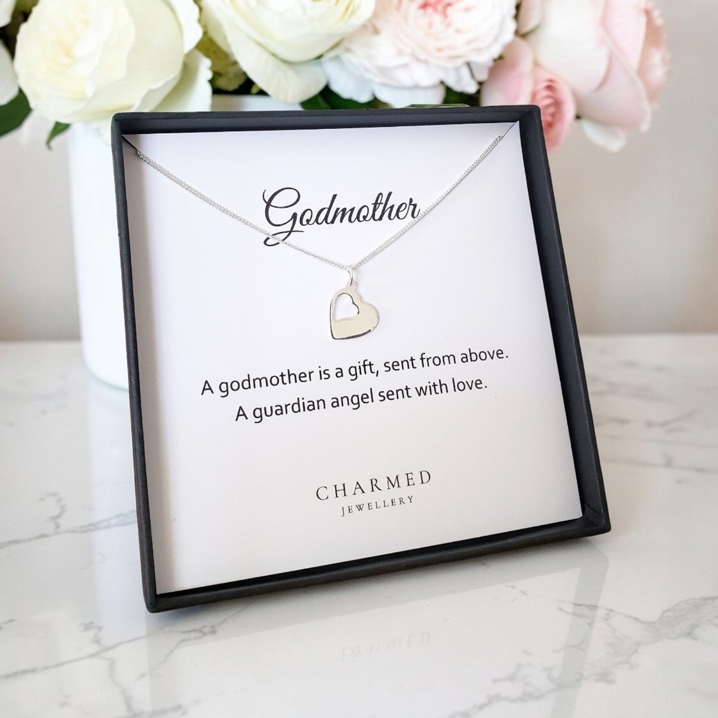 Godmother Gift, Cut Out Heart Necklace in Sterling Silver 925 | Personalised Jewellery Gift
