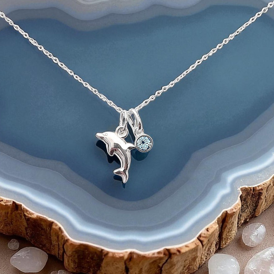 Granddaughter Dolphin Necklace with Birthstone | Sterling Silver 925 | Message Card Jewellery Gift