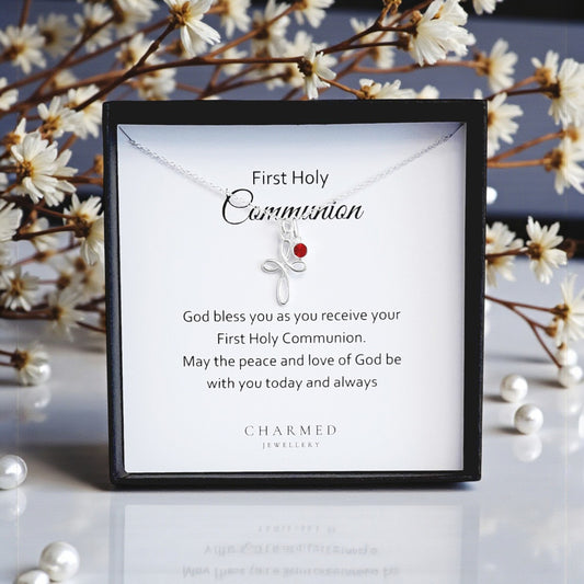 First Holy Communion Gift | Eternity Cross Necklace with Birthstone in 925 Sterling Silver | Personalised Jewellery Gift