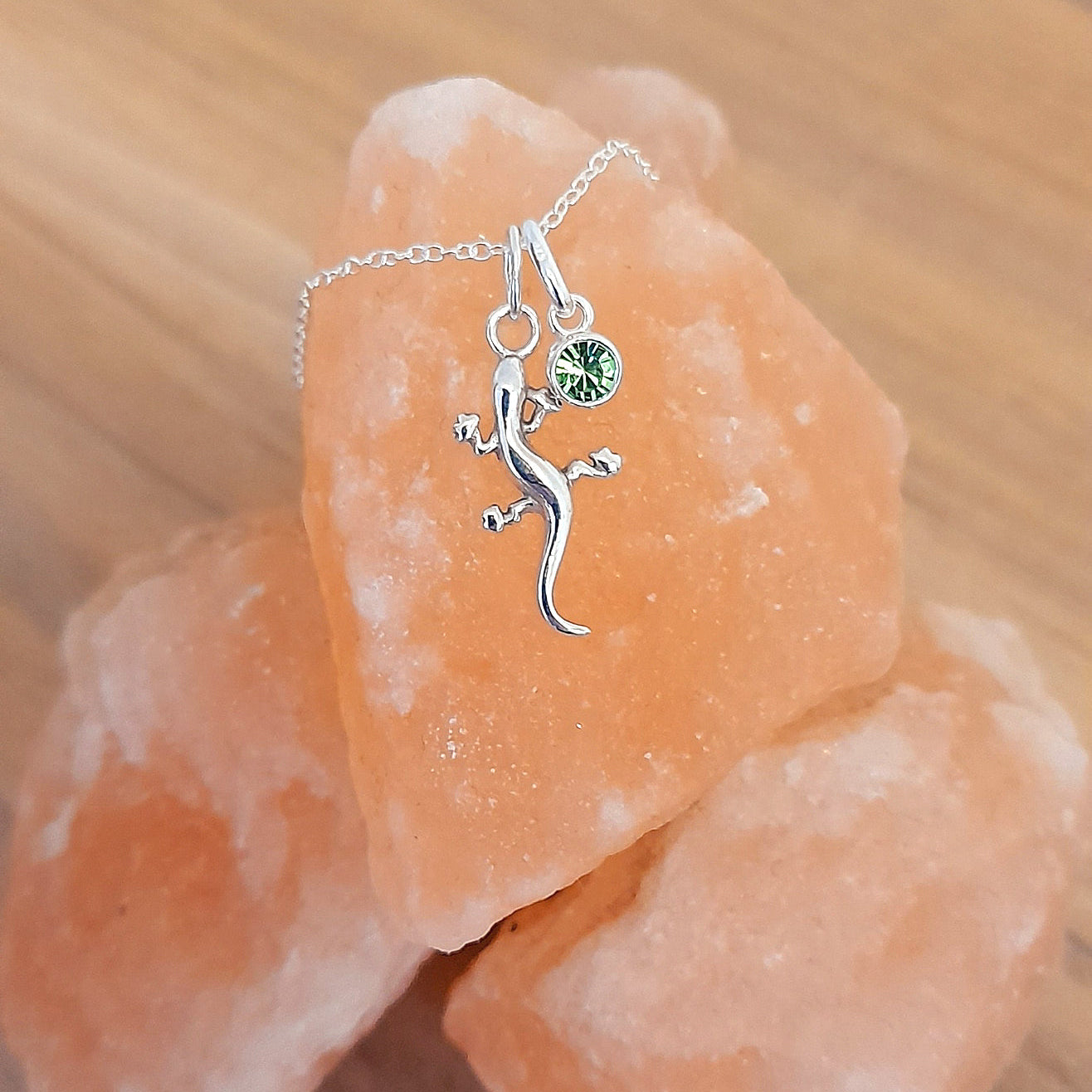 Gecko Necklace with Birthstone Sterling Silver 925 – Personalised Jewellery Gift