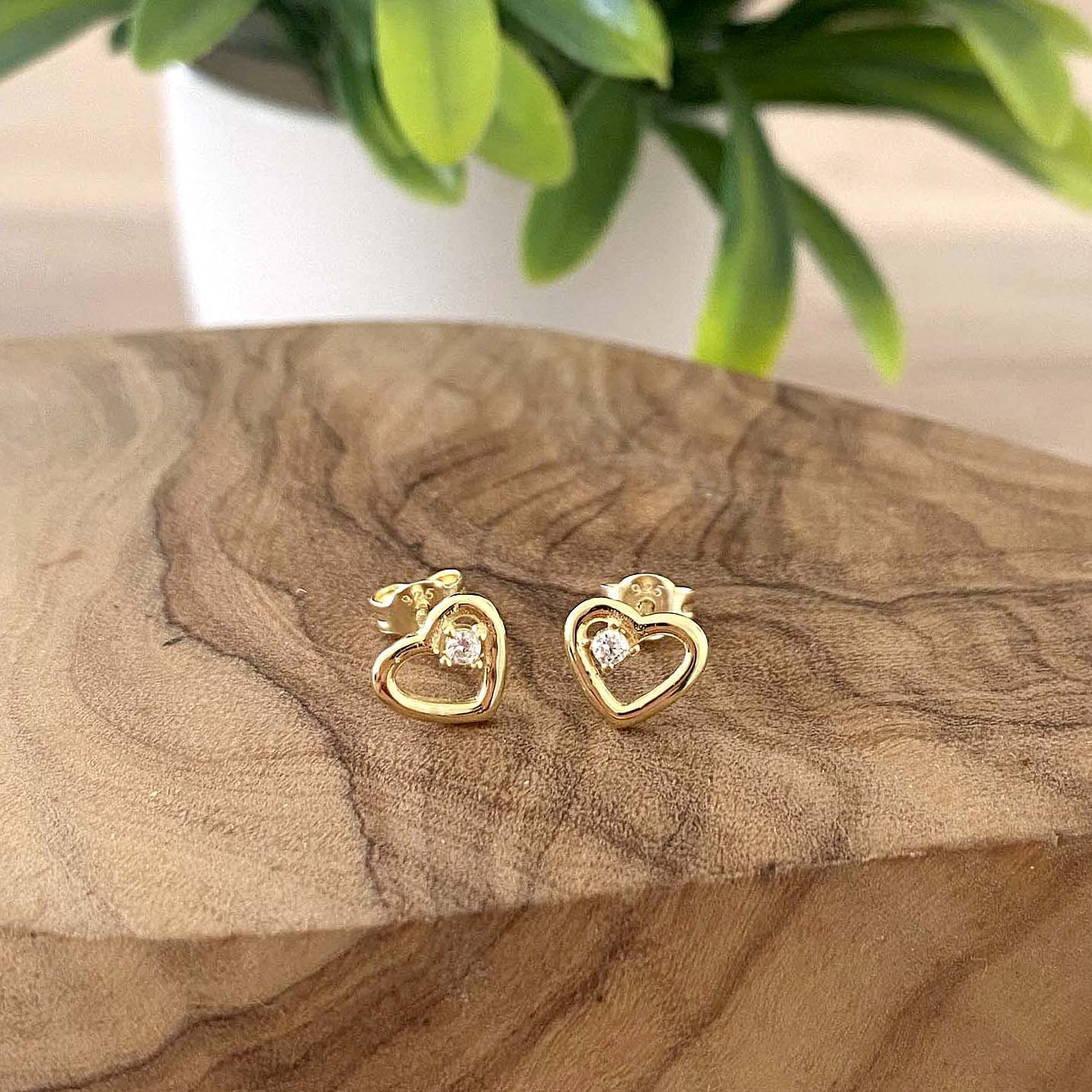 Sweet 16 Gift, Gold CZ Heart Stud Earrings, Sterling Silver 925, Personalised Jewellery Gift