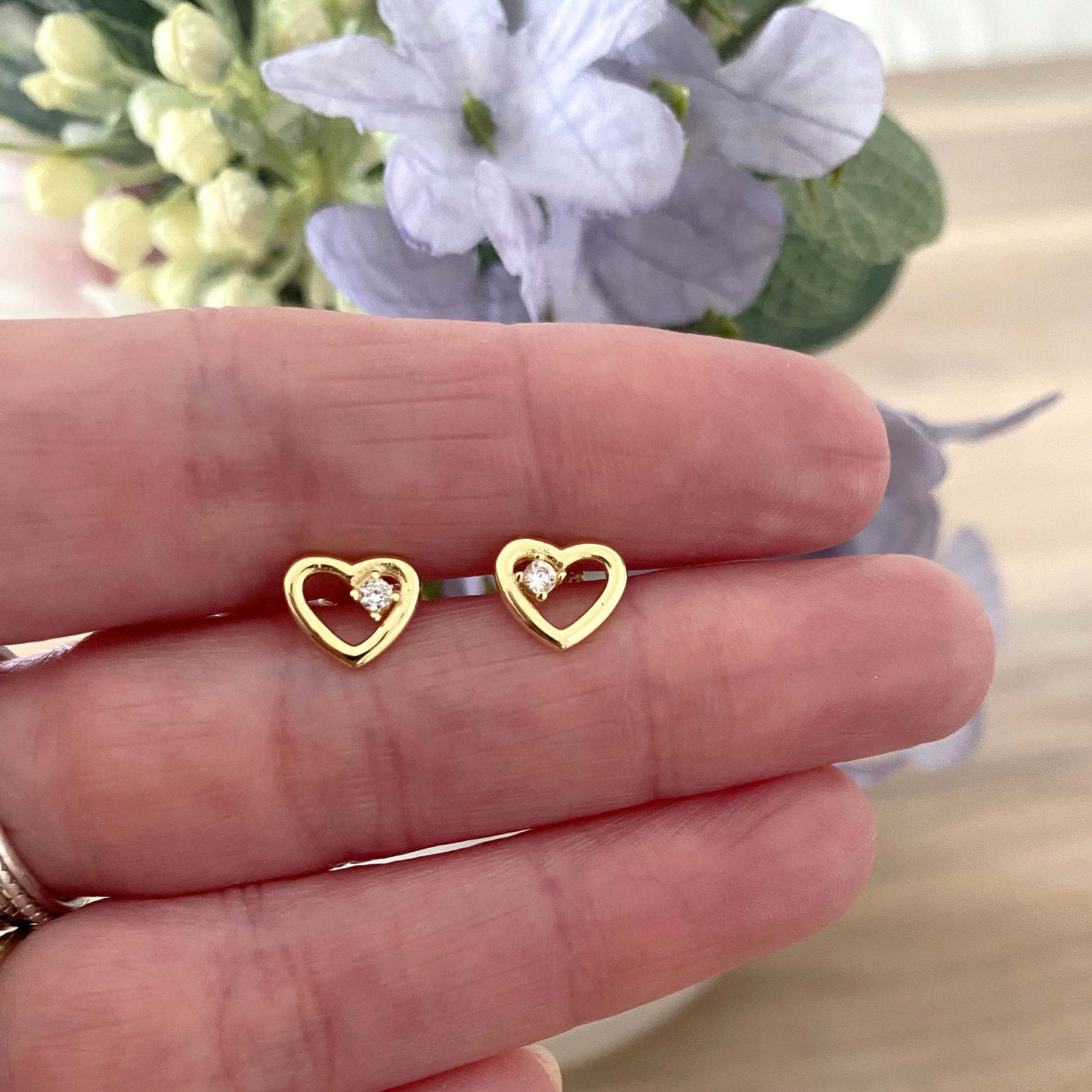 Graduation Gift, Gold CZ Heart Stud Earrings Sterling Silver 925, Personalised Jewellery Gift