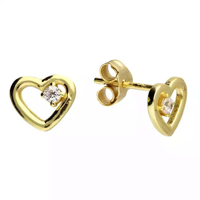 Graduation Gift, Gold CZ Heart Stud Earrings Sterling Silver 925, Personalised Jewellery Gift
