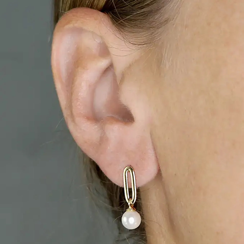 Pearl Charm Drop Earrings | 14ct Yellow Gold Plated Sterling Silver 925 | Paperclip Studs