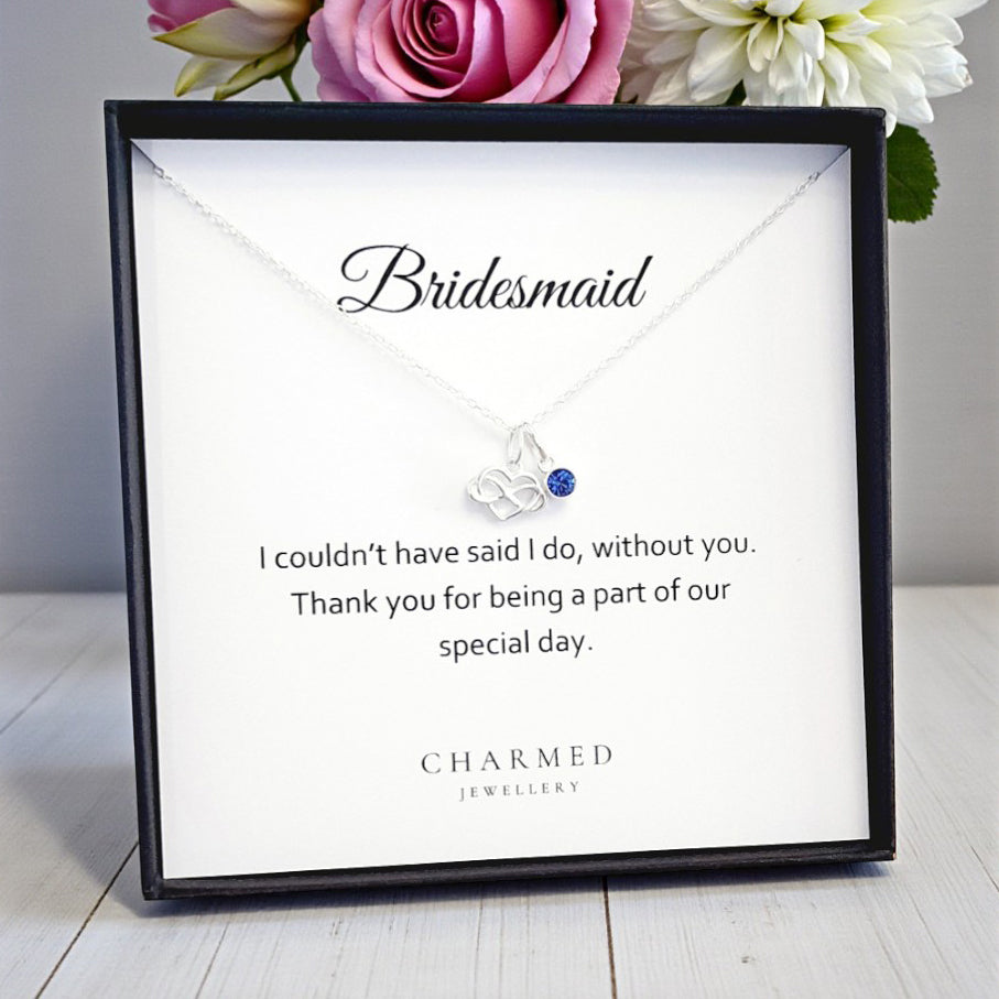 Bridesmaid Gift, Infinity Heart Necklace with Birthstone in Sterling Silver 925 | Personalised Jewellery Gift