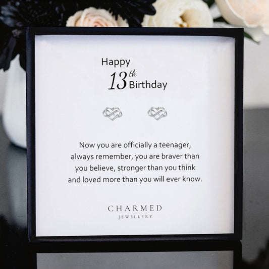 13th Birthday Infinity Heart Stud Earrings | Sterling Silver 925 | Personalised Gift