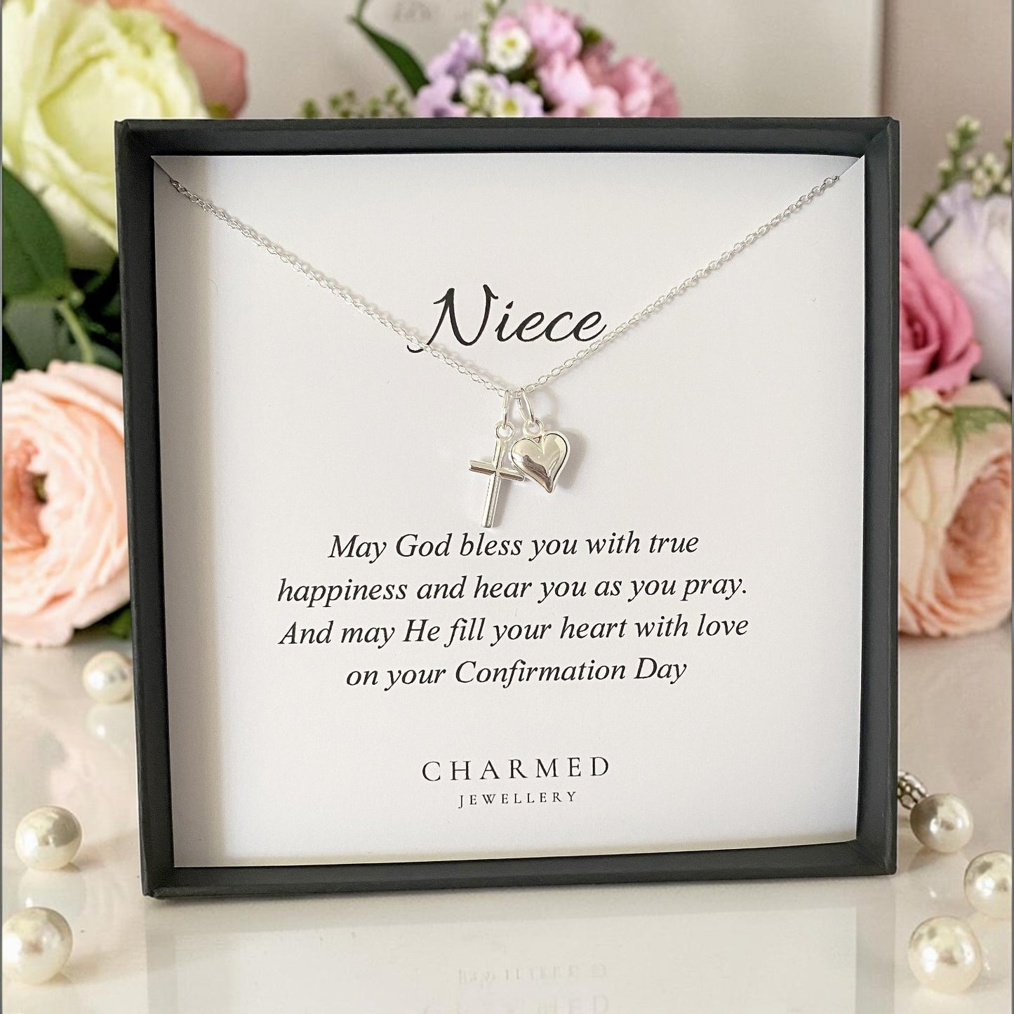 Niece Confirmation Gift | Cross and Puffy Heart Necklace 925 Sterling Silver | Personalised Jewellery