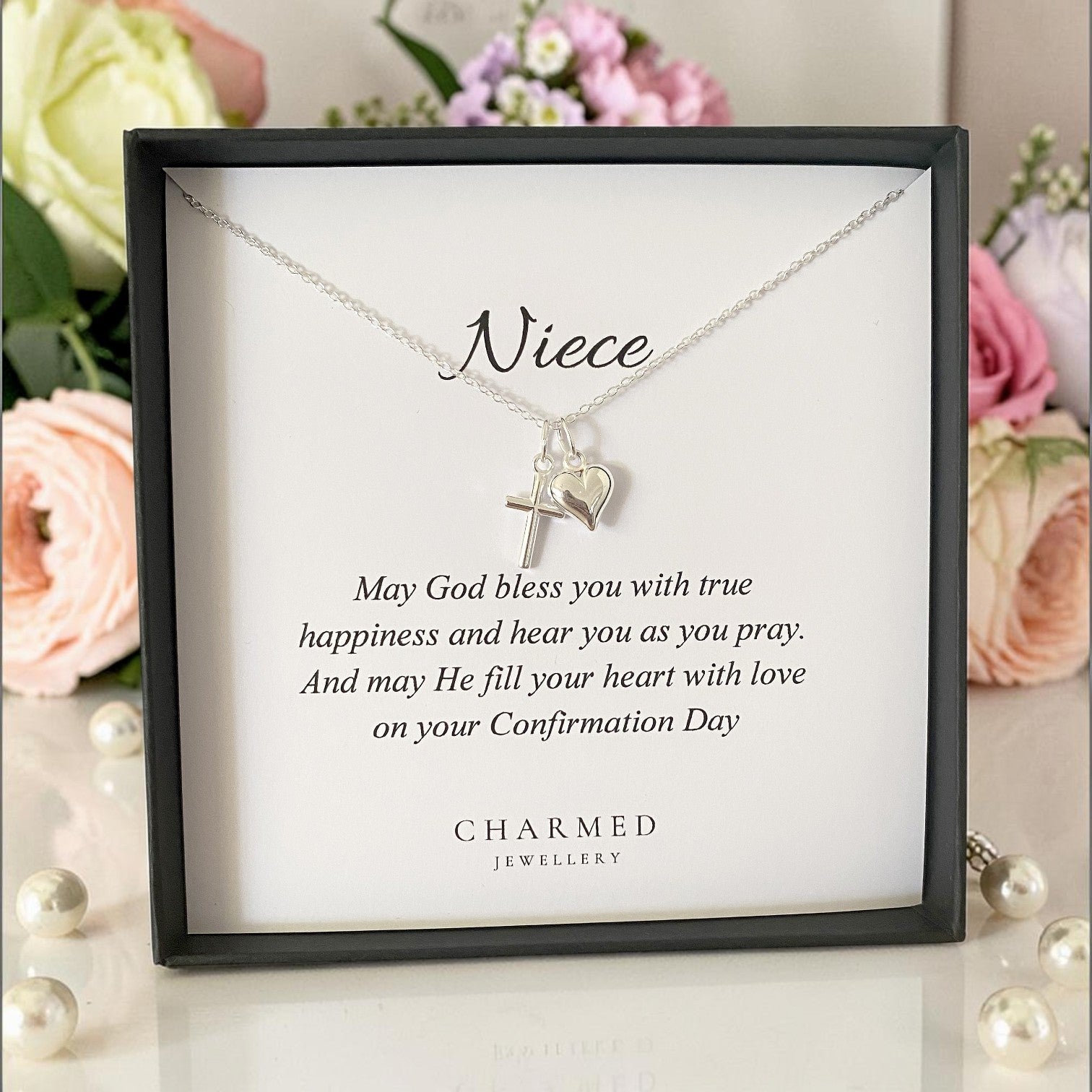 Niece Confirmation Gift | Cross and Puffy Heart Necklace 925 Sterling Silver | Personalised Jewellery