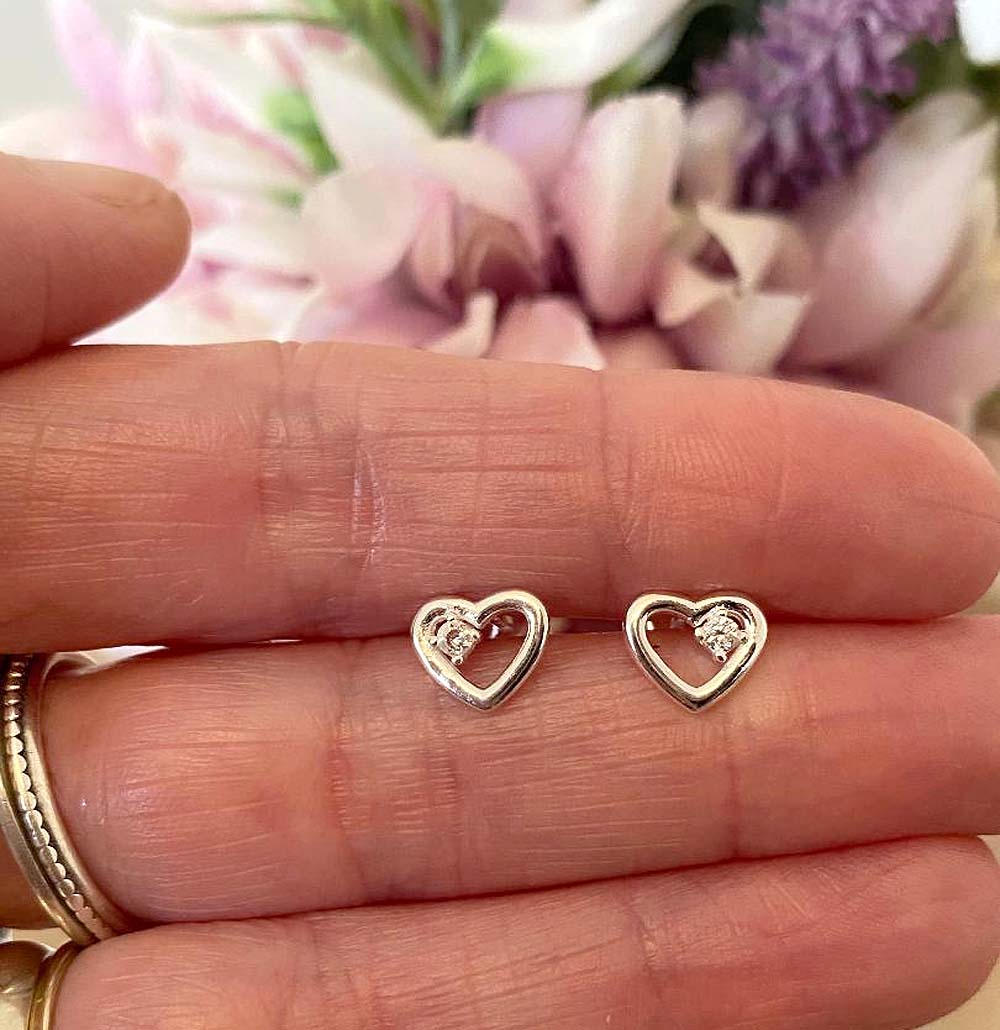 Retirement Gift, CZ Heart Stud Earrings Sterling Silver 925 | Personalised Jewellery Gift