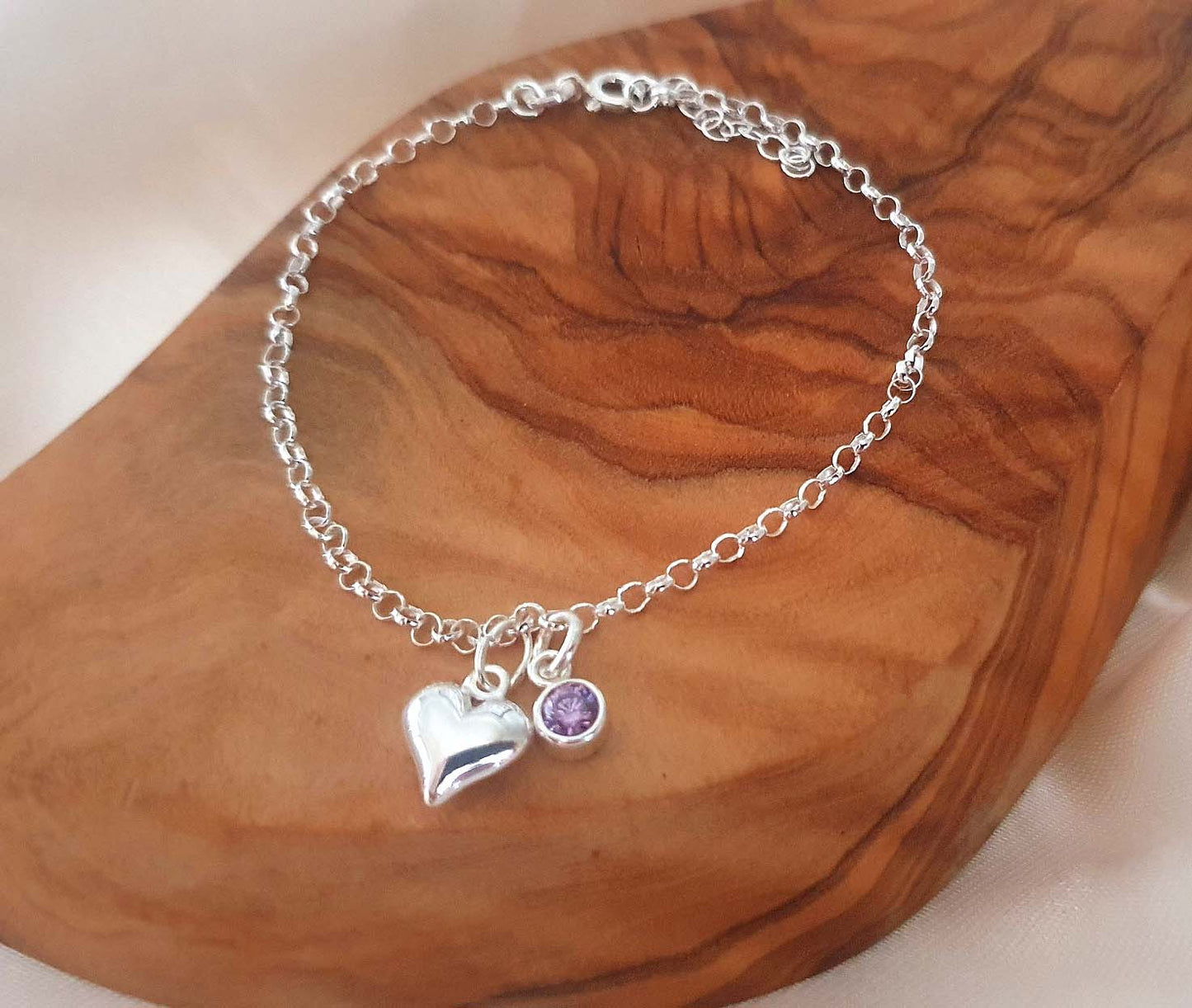 21st Birthday Puffy Heart Bracelet with Birthstone in Sterling Silver 925, Personalised Jewellery Gift
