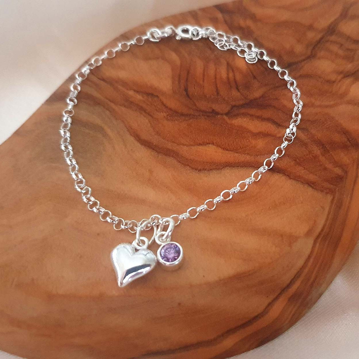 Bridesmaid Puffy Heart Bracelet with Birthstone in Sterling Silver 925, Personalised Jewellery Gift