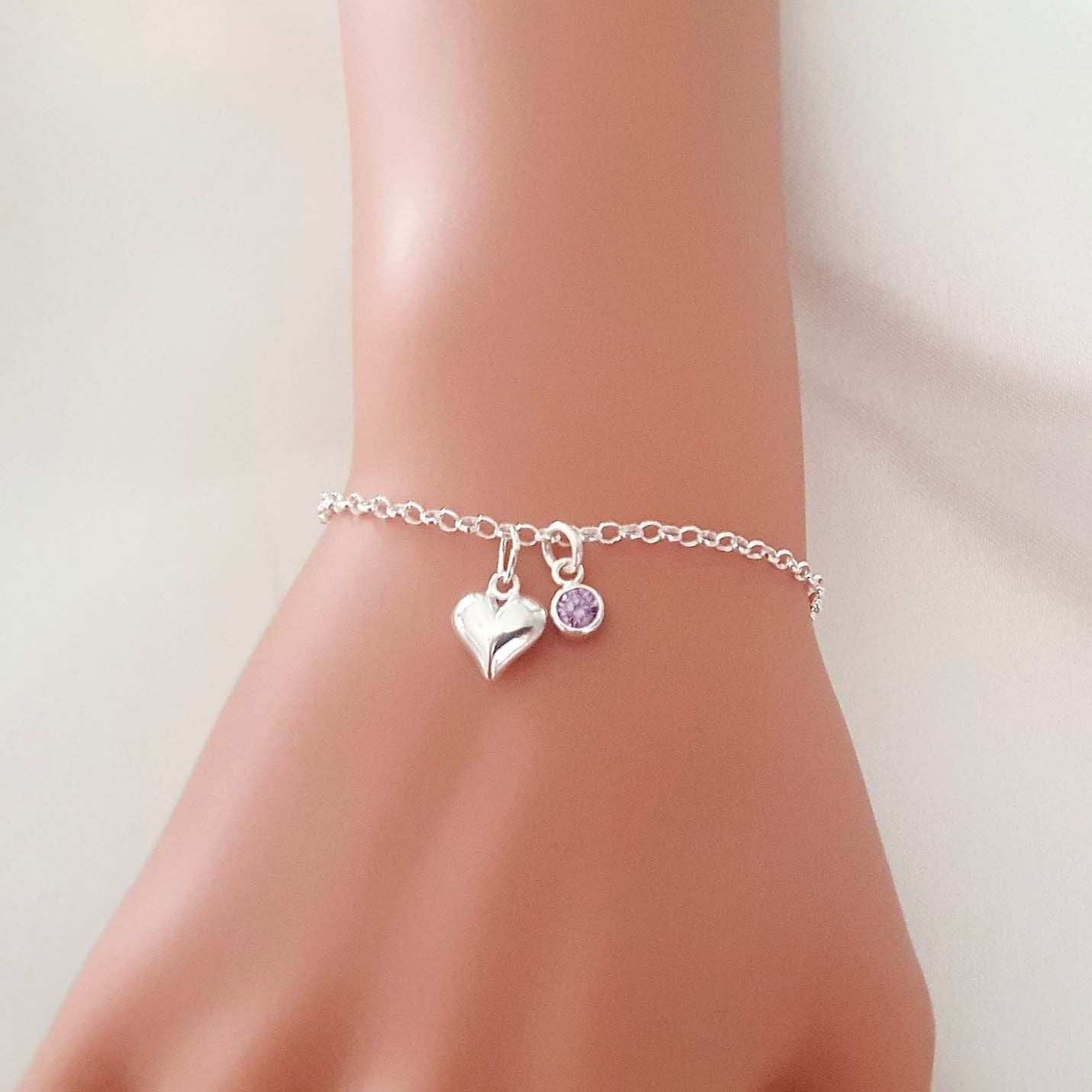 Bridesmaid Puffy Heart Bracelet with Birthstone in Sterling Silver 925, Personalised Jewellery Gift