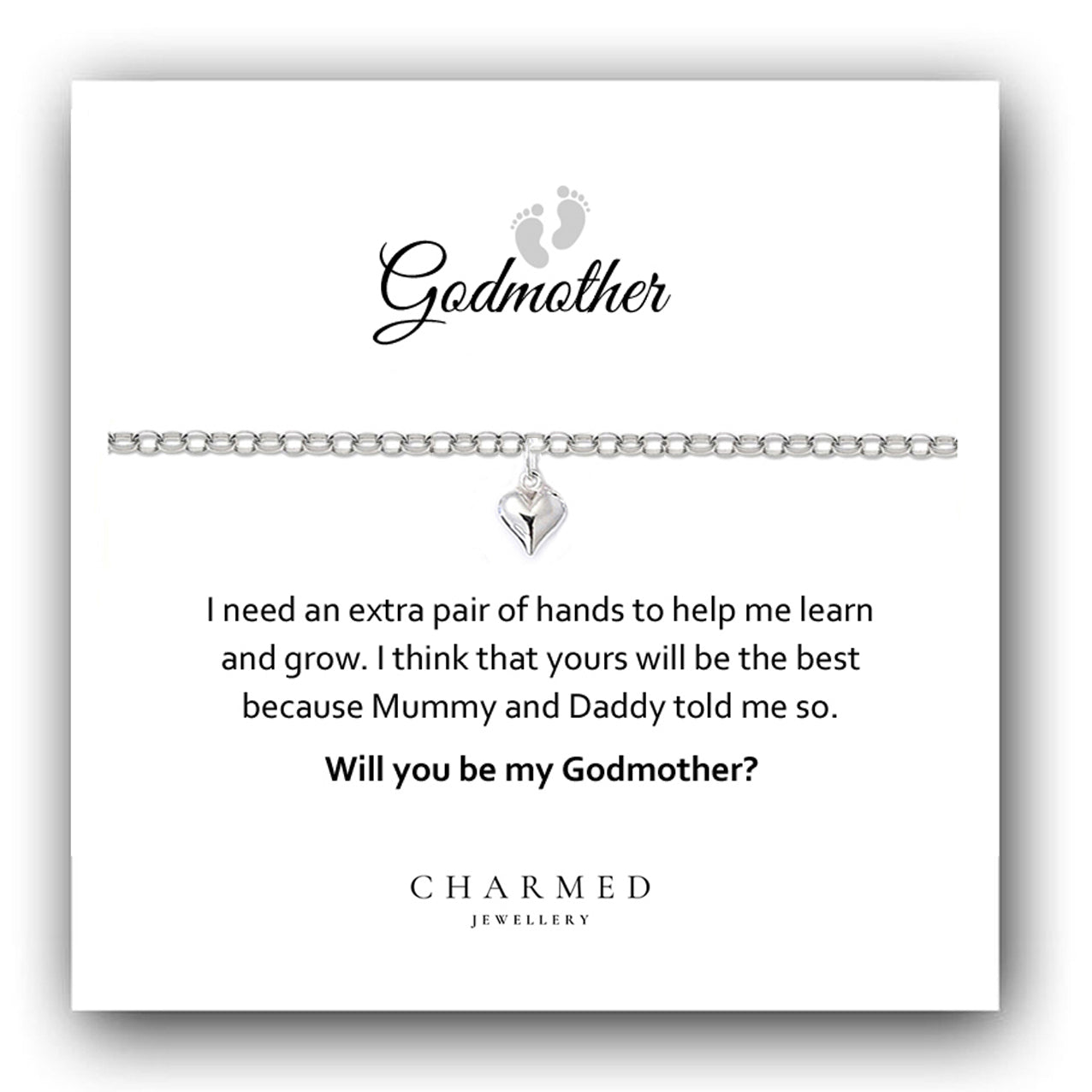 Godmother Puffy Heart Bracelet in Sterling Silver 925, Personalised Jewellery Gift