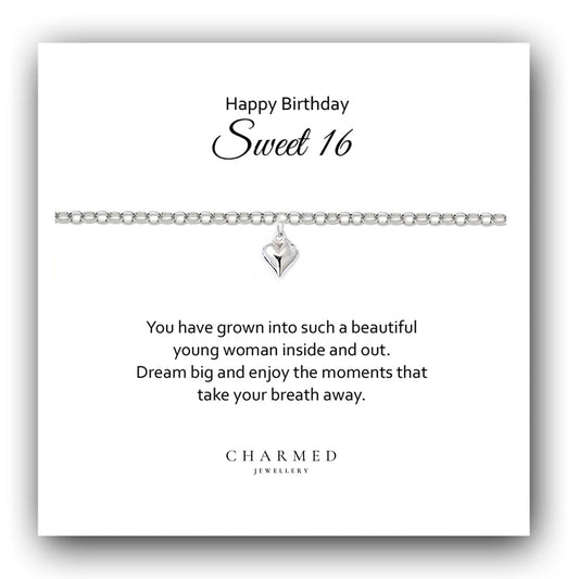 Sweet 16 Puffy Heart Bracelet in Sterling Silver 925, Personalised Jewellery Gift