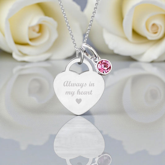 Always In My Heart Engraved Necklace with Crystal Birthstone | Personalised Memorial Jewellery