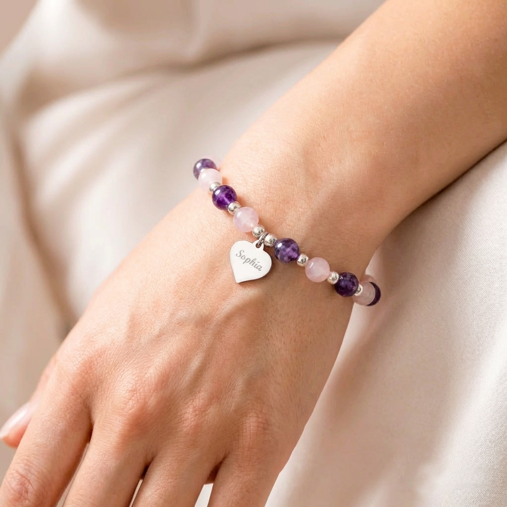 Personalised Name Engraved Stretch Bracelet | Amethyst & Rose Quartz | Sterling Silver 925
