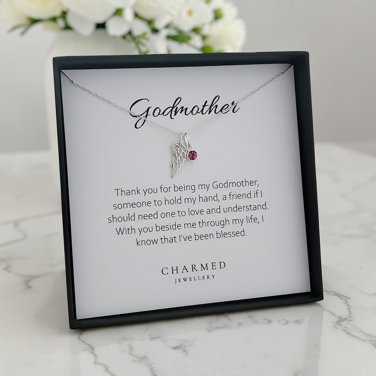 Godmother Gift | Angel Wing Necklace with Birthstone in Sterling Silver 925 | Message Card Jewellery
