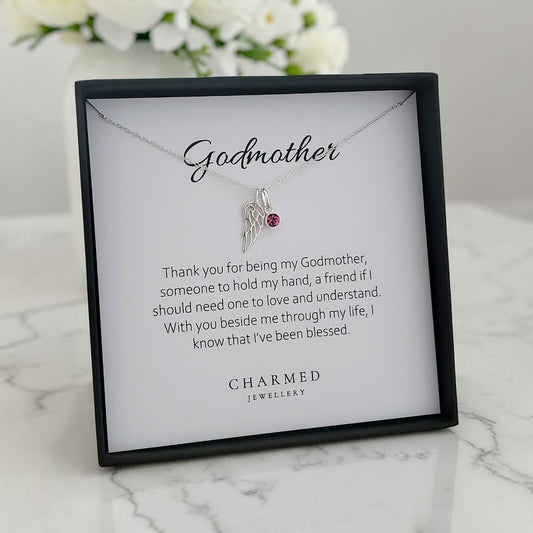 Godmother Gift | Angel Wing Necklace with Birthstone in Sterling Silver 925 | Message Card Jewellery