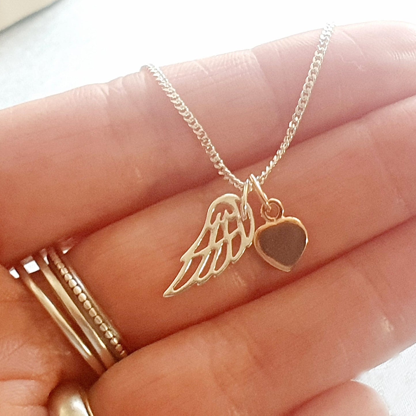 Godmother Gift | Angel Wing Necklace with Rose Gold Heart in Sterling Silver 925 | Message Card Jewellery