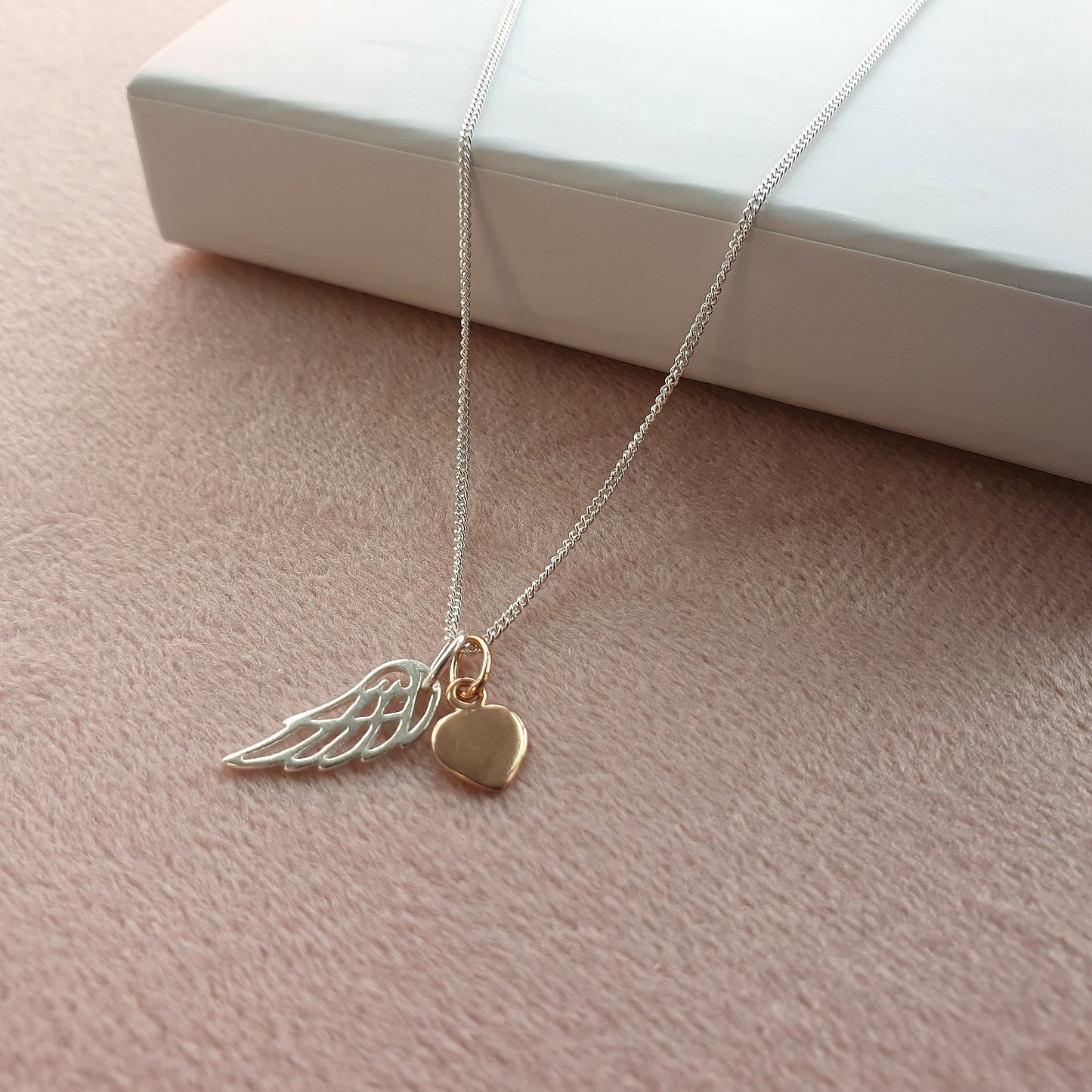 Angel Wing Necklace with Rose Gold Heart in Sterling Silver 925 | Personalised Jewellery