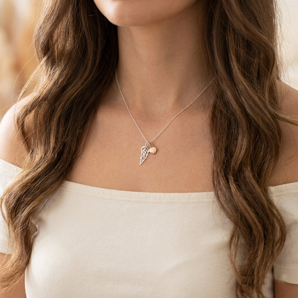 Angel Wing Necklace with Rose Gold Heart in Sterling Silver 925