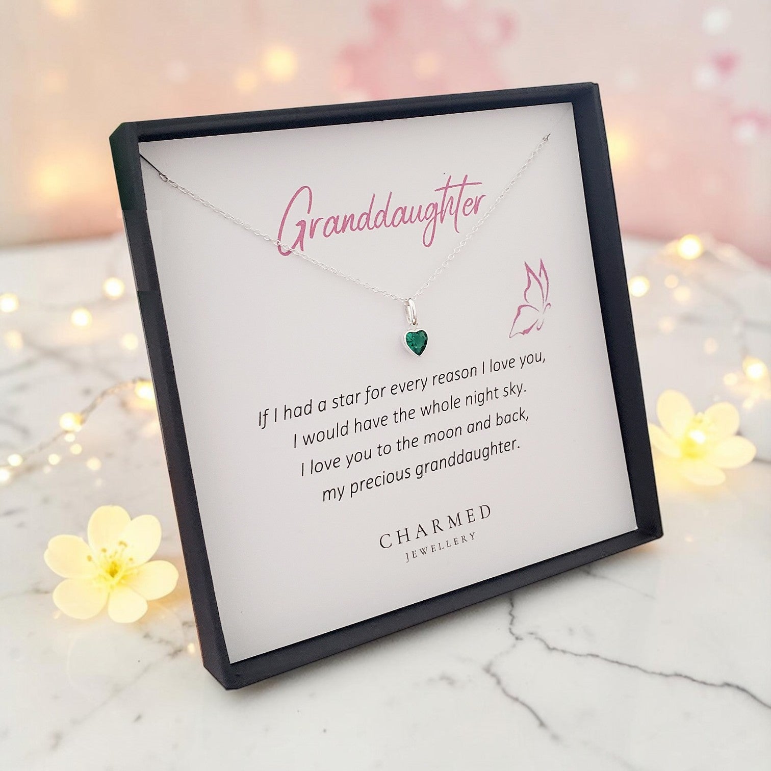 Granddaughter Heart Necklace with Birthstone | Sterling Silver 925 | Message Card Jewellery Gift