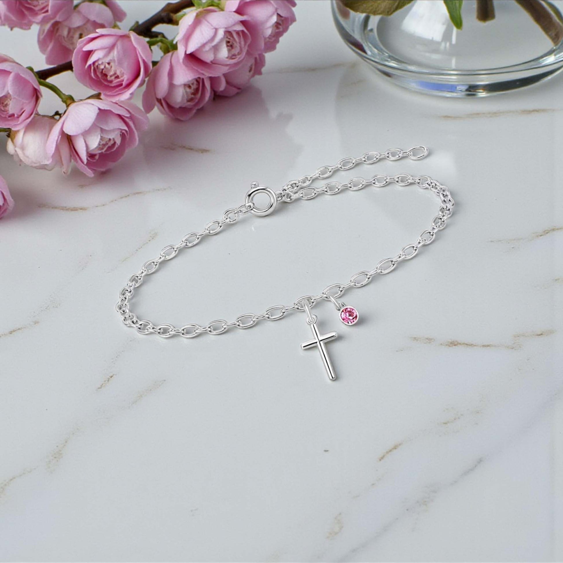 Cross Bracelet with Crystal Birthstone | Sterling Silver 925 | Personalised Jewellery Gift