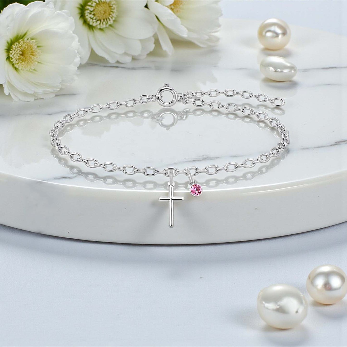 Cross Bracelet with Crystal Birthstone | Sterling Silver 925 | Personalised Jewellery Gift