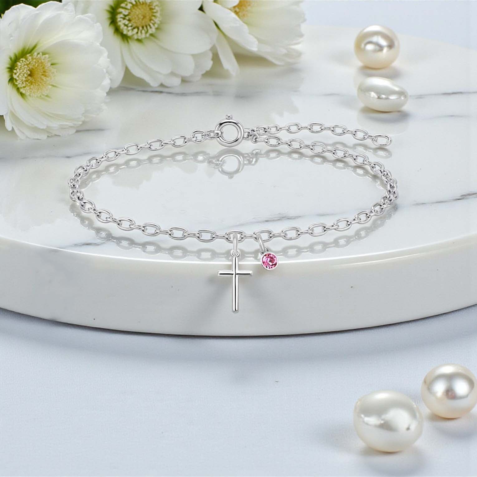 Cross Bracelet with Crystal Birthstone | Sterling Silver 925 | Personalised Jewellery Gift
